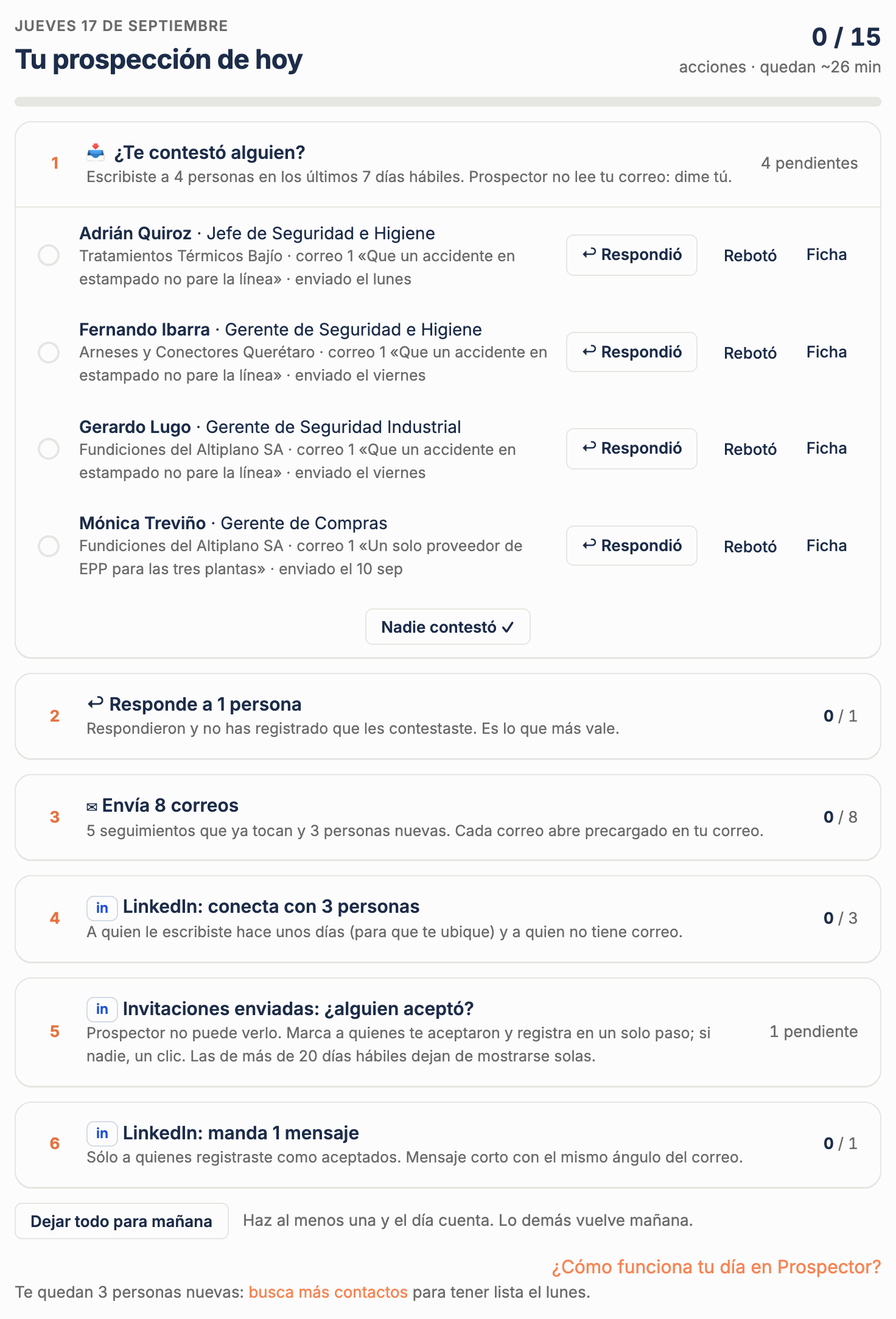 La pestaña Hoy de Prospector con la lista de acciones de prospección del día